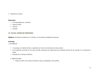 3. Socializar las cartas.




Materiales:
       El rompecabezas en cartulina.
       Hojas de block
       Pinturas
       Pinceles.


16. TALLER: ¡JUEGOS DE CONFIANZA¡


Objetivo: Aumenta la confianza en si mism@ y en los demás compañeros del grupo.


Actividad:
1. MI CABALLO


        En parejas, uno detrás del otro, sujetando las manos a los extremos de dos cuerdas.
       El de adelante caminará con los ojos cerrados, siguiendo las indicaciones que mediante tirones de las cuerdas, le va haciendo el
       jinete.
       Después de un tiempo se alterna.


   2. MAMÁ GALLINA
             Todos los niños y las niñas se vendan los ojos, se desplazan como pollitos.




                                                                                                                                    73
 