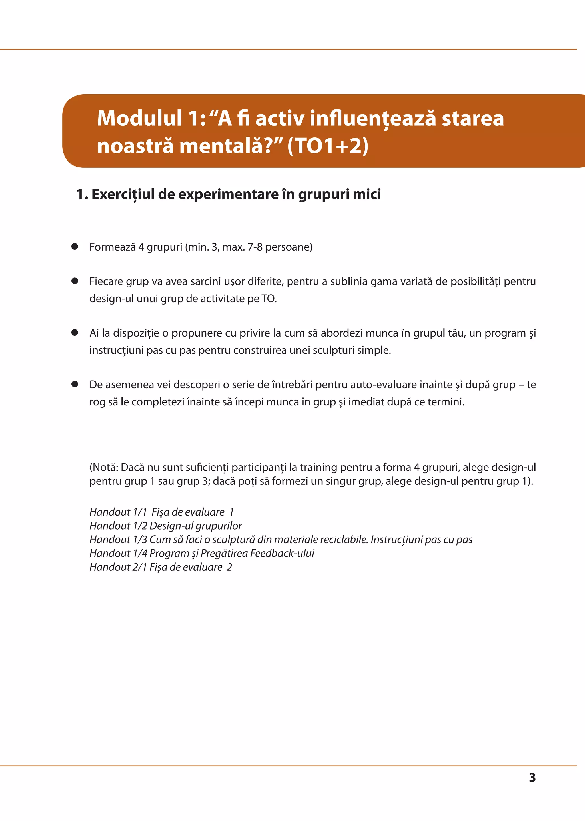 3 
Modulul 1: “A fi activ influenţează starea 
noastră mentală?” (TO1+2) 
1. Exerciţiul de experimentare în grupuri mici 
z Formează 4 grupuri (min. 3, max. 7-8 persoane) 
z Fiecare grup va avea sarcini uşor diferite, pentru a sublinia gama variată de posibilităţi pentru 
design-ul unui grup de activitate pe TO. 
z Ai la dispoziţie o propunere cu privire la cum să abordezi munca în grupul tău, un program şi 
instrucţiuni pas cu pas pentru construirea unei sculpturi simple. 
z De asemenea vei descoperi o serie de întrebări pentru auto-evaluare înainte şi după grup – te 
rog să le completezi înainte să începi munca în grup şi imediat după ce termini. 
(Notă: Dacă nu sunt suficienţi participanţi la training pentru a forma 4 grupuri, alege design-ul 
pentru grup 1 sau grup 3; dacă poţi să formezi un singur grup, alege design-ul pentru grup 1). 
Handout 1/1 Fişa de evaluare 1 
Handout 1/2 Design-ul grupurilor 
Handout 1/3 Cum să faci o sculptură din materiale reciclabile. Instrucţiuni pas cu pas 
Handout 1/4 Program şi Pregătirea Feedback-ului 
Handout 2/1 Fişa de evaluare 2 
 