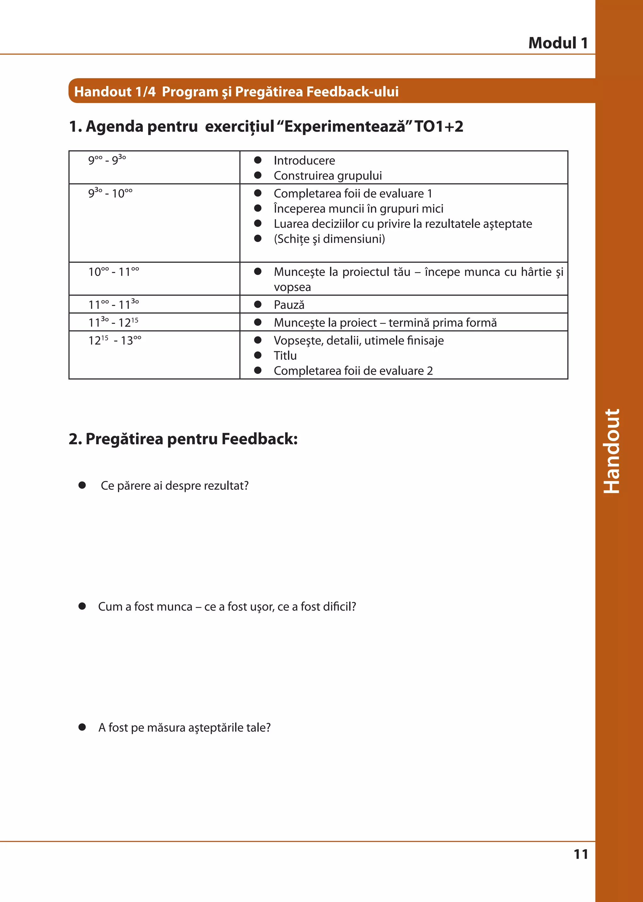 11 
Handout 1/4 Program şi Pregătirea Feedback-ului 
1. Agenda pentru exerciţiul “Experimentează” TO1+2 
9°° - 9³° z Introducere 
z Construirea grupului 
9³° - 10°° z Completarea foii de evaluare 1 
z Începerea muncii în grupuri mici 
z Luarea deciziilor cu privire la rezultatele aşteptate 
z (Schiţe şi dimensiuni) 
10°° - 11°° z Munceşte la proiectul tău – începe munca cu hârtie şi 
vopsea 
11°° - 11³° z Pauză 
11³° - 1215 z Munceşte la proiect – termină prima formă 
1215 - 13°° z Vopseşte, detalii, utimele finisaje 
z Titlu 
z Completarea foii de evaluare 2 
2. Pregătirea pentru Feedback: 
z Ce părere ai despre rezultat? 
z Cum a fost munca – ce a fost uşor, ce a fost dificil? 
z A fost pe măsura aşteptările tale? 
Modul 1 
 