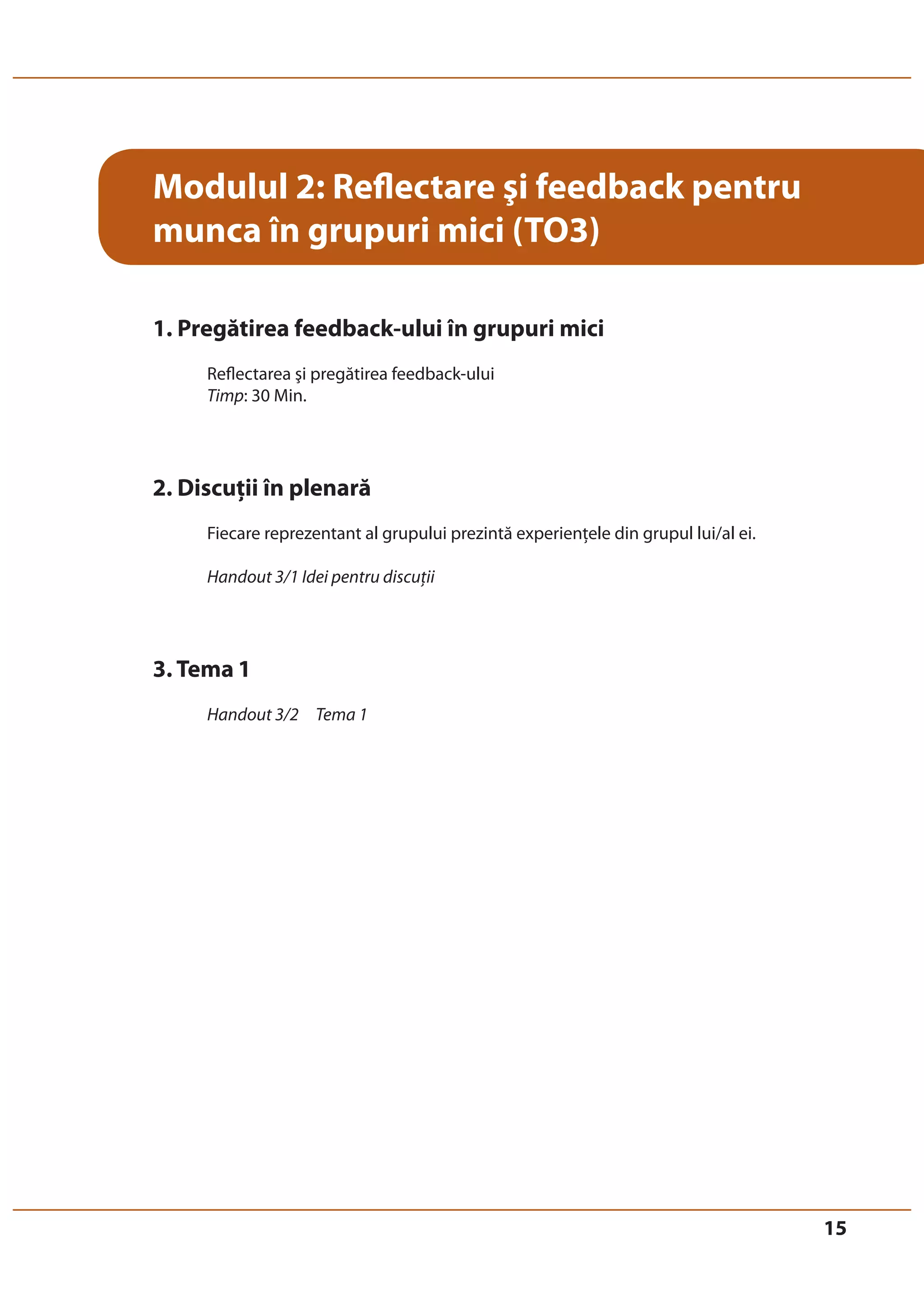 15 
Modulul 2: Reflectare şi feedback pentru 
munca în grupuri mici (TO3) 
1. Pregătirea feedback-ului în grupuri mici 
Reflectarea şi pregătirea feedback-ului 
Timp: 30 Min. 
2. Discuţii în plenară 
Fiecare reprezentant al grupului prezintă experienţele din grupul lui/al ei. 
Handout 3/1 Idei pentru discuţii 
3. Tema 1 
Handout 3/2 Tema 1 
 