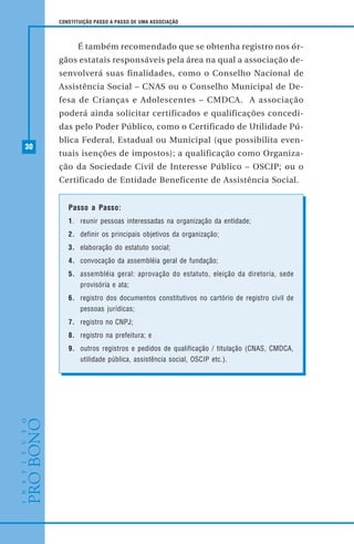30
CONSTITUIÇÃO PASSO A PASSO DE UMA ASSOCIAÇÃO
É também recomendado que se obtenha registro nos ór-
gãos estatais responsáveis pela área na qual a associação de-
senvolverá suas finalidades, como o Conselho Nacional de
Assistência Social – CNAS ou o Conselho Municipal de De-
fesa de Crianças e Adolescentes – CMDCA. A associação
poderá ainda solicitar certificados e qualificações concedi-
das pelo Poder Público, como o Certificado de Utilidade Pú-
blica Federal, Estadual ou Municipal (que possibilita even-
tuais isenções de impostos); a qualificação como Organiza-
ção da Sociedade Civil de Interesse Público – OSCIP; ou o
Certificado de Entidade Beneficente de Assistência Social.
Passo a Passo:
1. reunir pessoas interessadas na organização da entidade;
2. definir os principais objetivos da organização;
3. elaboração do estatuto social;
4. convocação da assembléia geral de fundação;
5. assembléia geral: aprovação do estatuto, eleição da diretoria, sede
provisória e ata;
6. registro dos documentos constitutivos no cartório de registro civil de
pessoas jurídicas;
7. registro no CNPJ;
8. registro na prefeitura; e
9. outros registros e pedidos de qualificação / titulação (CNAS, CMDCA,
utilidade pública, assistência social, OSCIP etc.).
 