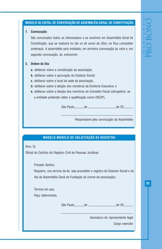 31
1. Convocação:
São convocados todos os interessados a se reunirem em Assembléia Geral de
Constituição, que se realizará no dia xx de xxxxx de 20xx, na Rua (completar
endereço). A assembléia será instalada, em primeira convocação às xxhs e, em
segunda convocação, às xxhsxxmin.
2. Ordem do Dia:
a. deliberar sobre a constituição da associação;
b. deliberar sobre a aprovação do Estatuto Social;
c. deliberar sobre o local da sede da associação;
d. deliberar sobre a eleição dos membros da Diretoria Executiva; e
e. deliberar sobre a eleição dos membros do Conselho Fiscal (obrigatório, se
a entidade pretender obter a qualificação como OSCIP).
São Paulo, de de 20
Responsável pela convocação da Assembléia
MODELO DE EDITAL DE CONVOCAÇÃO DE ASSEMBLÉIA GERAL DE CONSTITUIÇÃO
Ilmo. Sr.
Oficial do Cartório do Registro Civil de Pessoas Jurídicas
Prezado Senhor,
Requeiro, nos termos da lei, seja procedido o registro do Estatuto Social e da
Ata da Assembléia Geral de Fundação da (nome da associação).
Termos em que,
Peço deferimento.
São Paulo, de de 20
Assinatura do representante legal
Cargo exercido
MODELO MODELO DE SOLICITAÇÃO DE REGISTRO
 