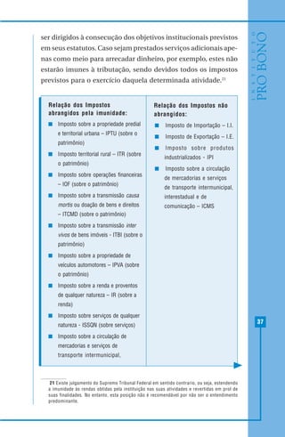 37
ser dirigidos à consecução dos objetivos institucionais previstos
em seus estatutos. Caso sejam prestados serviços adicionais ape-
nas como meio para arrecadar dinheiro, por exemplo, estes não
estarão imunes à tributação, sendo devidos todos os impostos
previstos para o exercício daquela determinada atividade.21
21 Existe julgamento do Supremo Tribunal Federal em sentido contrario, ou seja, estendendo
a imunidade às rendas obtidas pela instituição nas suas atividades e revertidas em prol de
suas finalidades. No entanto, esta posição não é recomendável por não ser o entendimento
predominante.
Relação dos Impostos
abrangidos pela imunidade:
Imposto sobre a propriedade predial
e territorial urbana – IPTU (sobre o
patrimônio)
Imposto territorial rural – ITR (sobre
o patrimônio)
Imposto sobre operações financeiras
– IOF (sobre o patrimônio)
Imposto sobre a transmissão causa
mortis ou doação de bens e direitos
– ITCMD (sobre o patrimônio)
Imposto sobre a transmissão inter
vivos de bens imóveis - ITBI (sobre o
patrimônio)
Imposto sobre a propriedade de
veículos automotores – IPVA (sobre
o patrimônio)
Imposto sobre a renda e proventos
de qualquer natureza – IR (sobre a
renda)
Imposto sobre serviços de qualquer
natureza - ISSQN (sobre serviços)
Imposto sobre a circulação de
mercadorias e serviços de
transporte intermunicipal,
Relação dos Impostos não
abrangidos:
Imposto de Importação – I.I.
Imposto de Exportação – I.E.
Imposto sobre produtos
industrializados - IPI
Imposto sobre a circulação
de mercadorias e serviços
de transporte intermunicipal,
interestadual e de
comunicação – ICMS
 