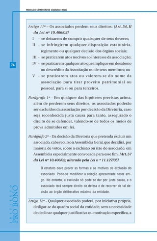 74
MODELOS COMENTADOS (Estatutos e Atas)
Artigo 11º – Os associados perdem seus direitos: [Art. 54, II
da Lei nº 10.406/02]
I - se deixarem de cumprir quaisquer de seus deveres;
II - se infringirem qualquer disposição estatutária,
regimento ou qualquer decisão dos órgãos sociais;
III - se praticarem atos nocivos ao interesse da associação;
IV - se praticarem qualquer ato que implique em desabono
ou descrédito da Associação ou de seus membros; ou
V - se praticarem atos ou valerem-se do nome da
associação para tirar proveito patrimonial ou
pessoal, para si ou para terceiros.
Parágrafo 1º - Em qualquer das hipóteses previstas acima,
além de perderem seus direitos, os associados poderão
ser excluídos da associação por decisão da Diretoria, caso
seja reconhecida justa causa para tanto, assegurado o
direito de se defender, valendo-se de todos os meios de
prova admitidos em lei.
Parágrafo 2º - Da decisão da Diretoria que pretenda excluir um
associado,caberecursoàAssembléiaGeral,quedecidirá,por
maioria de votos, sobre a exclusão ou não do associado, em
Assembléia especialmente convocada para esse fim. [Art.57
da Lei nº 10.406/02, alterado pela Lei n º 11.127/05]
O estatuto deve prever as formas e os motivos de exclusão do
associado. Pode-se modificar a relação apresentada neste arti-
go. No entanto, a exclusão só pode se dar por justa causa, e o
associado terá sempre direito de defesa e de recorrer de tal de-
cisão ao órgão deliberativo máximo da entidade.
Artigo 12º - Qualquer associado poderá, por iniciativa própria,
desligar-se do quadro social da entidade, sem a necessidade
de declinar qualquer justificativa ou motivação específica, a
 