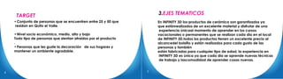 TARGET
• Conjunto de personas que se encuentren entre 25 y 50 que
residan en Quito el Valle.
• Nivel socio económico, medio, alto y bajo
Todo tipo de personas que sientan atraídos por el producto
.
• Personas que les guste la decoración de sus hogares y
mantener un ambiente agradable.
3.EJES TEMATICOS
En INFINITY 3D los productos de cerámica son garantizados ya
que estánrealizados de un excelente material y disfrutar de una
experiencia únicaal momento de aprender en los cursos
vacacionales o permanentes que se realizan cada día en el local
de INFINITY 3D.todos los productos tienen un excelente precio al
alcancedel bolsillo y están realizados para cada gusto de las
personas y también
están fabricadas para cualquier tipo de edad, la experiencia en
INFINITY 3D es única ya que cada día se aprende nuevas técnicas
de trabajo y lascomodidad de aprender cosas nuevas.
54
 