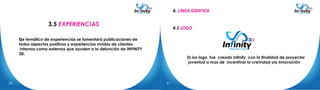 3.5
Eje temático de experiencias se fomentará publicaciones de
todos aspectos positivos y experiencias vividas de clientes
internos como externos que ayuden a la defunción de INFINITY
3D.
EXPERIENCIAS
4. LINEA GRAFICA
EL iso logo fue creado Infinity con la finalidad de proyectar
juventud a mas de incentivar la creividad yla innovación
4.1 LOGO
1110
 