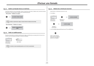 Efectuar una llamada

2
2.11

Recibir una llamada interna en interfonía

2.13

Aislarse de su interlocutor (secreto)

Usted escucha a su interlocutor pero éste no le oye:

Usted puede responder sin tener que descolgar. Cuando un interlocutor interno llama, su teléfono suena y usted está conectado
directamente en modo manos libres. El display indica la identidad del llamante.

•

• Para activar - Teléfono en reposo:

En el teléfono:

se enciende el diodo asociado

La tecla se enciende

Pablo
en conversación

usted está en
comunicación

desactivar el
micrófono

Cuando su interlocutor cuelga, el modo interfonía siempre está activado.

La tecla se apaga

• Para desactivar - Teléfono en reposo:

reanudar la
conversación

El piloto correspondiente se
apaga

•

2.12

En el microteléfono Bluetooth® (Alcatel-Lucent IP Touch 4068 Phone):

Emitir en multifrecuencias

Durante una conversación, en ocasiones usted debe emitir códigos en multifrecuencia, por ejemplo dentro del marco de un
servidor vocal, de una operadora automática o consulta del contestador.

pulsar la tecla volumen/
silencio del microteléfono
(pulsación prolongada)

¤MF
Pablo
en conversación

usted está en
comunicación

para activar

La función se anula automáticamente con el fin de la comunicación.

13

 