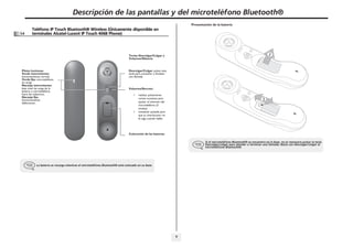 Descripción de las pantallas y del microteléfono Bluetooth®

1

• Presentación de la batería
1.4

Teléfono IP Touch Bluetooth® Wireless (Únicamente disponible en
terminales Alcatel-Lucent IP Touch 4068 Phone)

1

Teclas Descolgar/Colgar y
Volumen/Silencio

Piloto luminoso
Verde intermitente:
funcionamiento normal.
Verde fijo: microteléfono
en carga.
Naranja intermitente:
bajo nivel de carga de la
batería o microteléfono
fuera de cobertura.
Naranja fijo:
funcionamiento
defectuoso.

Descolgar/Colgar: pulsar esta
tecla para contestar o finalizar
una llamada

Volumen/Secreto :
•

•

realizar pulsaciones
cortas sucesivas para
ajustar el volumen del
microteléfono (3
niveles)
mantener pulsada para
que su interlocutor no
le oiga cuando hable

2

Colocación de las baterías
Si el microteléfono Bluetooth® se encuentra en la base, no es necesario pulsar la tecla
Descolgar/colgar para atender o terminar una llamada. Basta con descolgar/colgar el
microteléfono Bluetooth®.

La batería se recarga mientras el microteléfono Bluetooth® está colocado en su base.

9

 