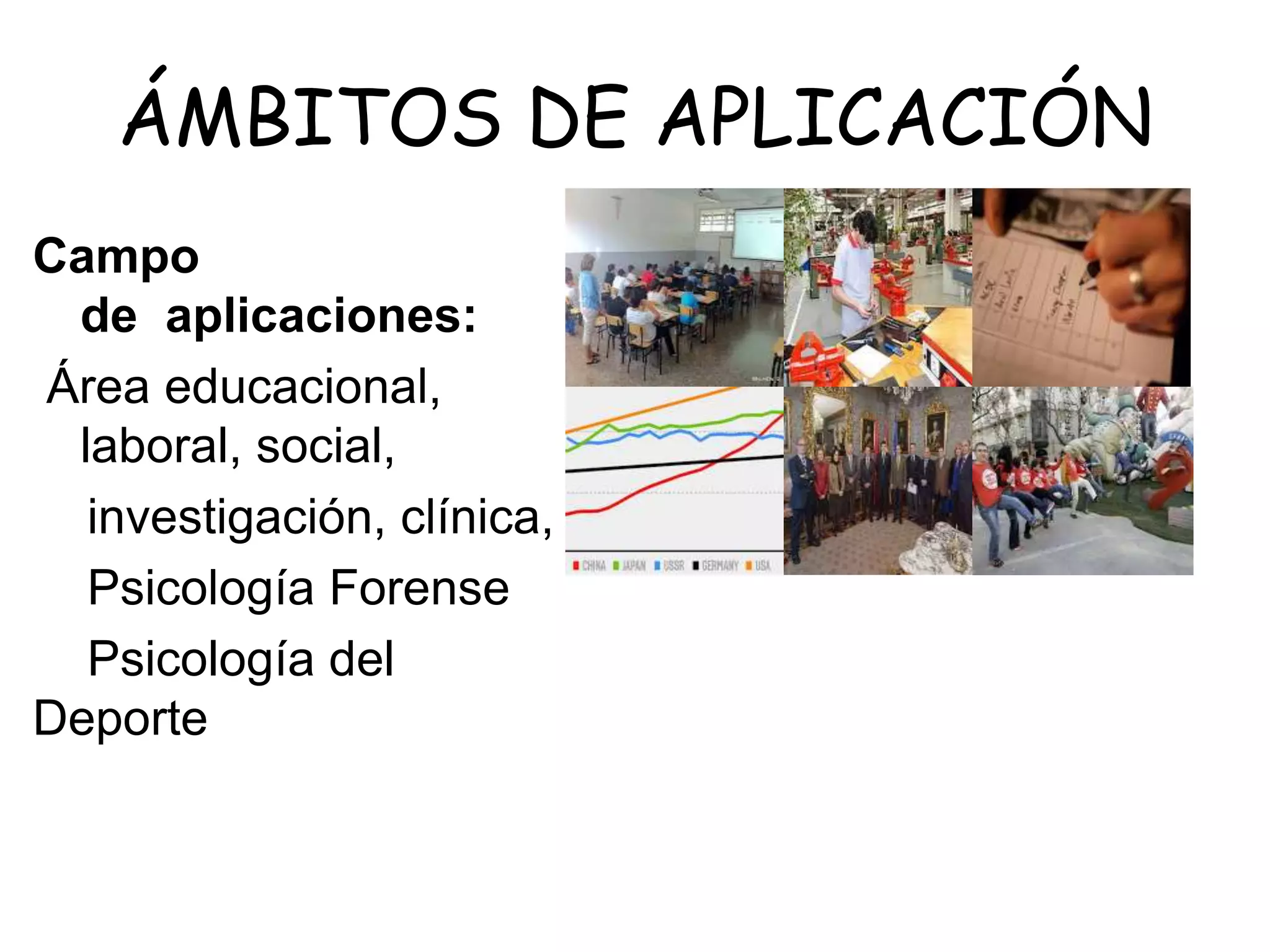 ÁMBITOS DE APLICACIÓN
Campo
de aplicaciones:
Área educacional,
laboral, social,
investigación, clínica,
Psicología Forense
Psicología del
Deporte
 
