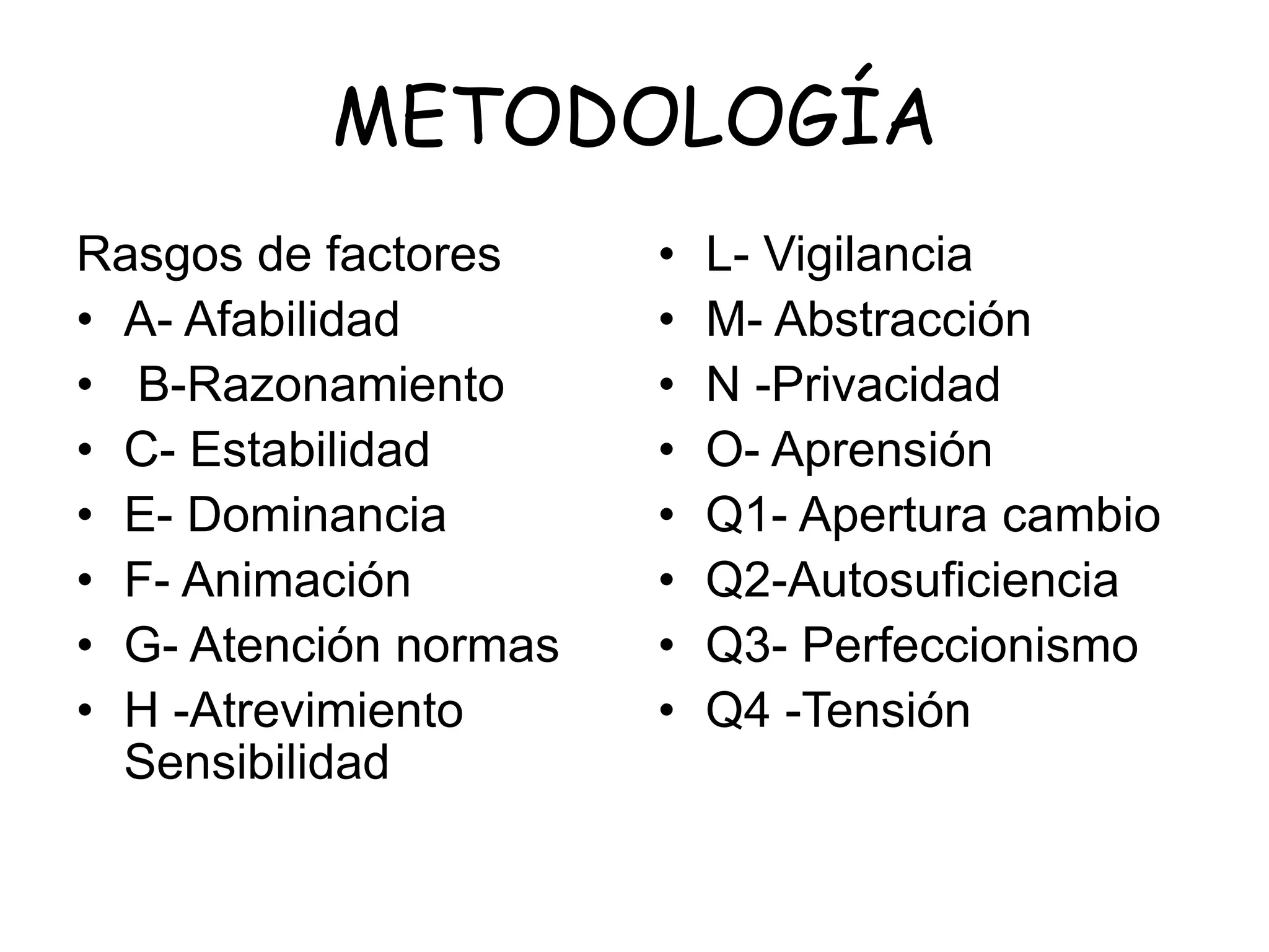 METODOLOGÍA
Rasgos de factores
• A- Afabilidad
• B-Razonamiento
• C- Estabilidad
• E- Dominancia
• F- Animación
• G- Atención normas
• H -Atrevimiento
Sensibilidad
• L- Vigilancia
• M- Abstracción
• N -Privacidad
• O- Aprensión
• Q1- Apertura cambio
• Q2-Autosuficiencia
• Q3- Perfeccionismo
• Q4 -Tensión
 