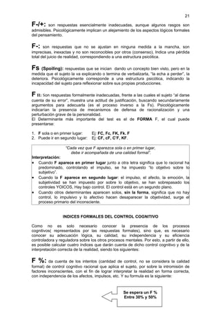 21

F-/+:    son respuestas esencialmente inadecuadas, aunque algunos rasgos son
admisibles. Psicológicamente implican un alejamiento de los aspectos lógicos formales
del pensamiento.

F-:    son respuestas que no se ajustan en ninguna medida a la mancha, son
imprecisas, inexactas y no son reconocibles por otros (consenso), Indica una pérdida
total del juicio de realidad, correspondiendo a una estructura psicótica.

Fs    (Spoiling): respuestas que se inician dando un concepto bien visto, pero en la
medida que el sujeto la va explicando o termina de verbalizarla, “la echa a perder”, la
deteriora. Psicológicamente corresponde a una estructura psicótica, indicando la
incapacidad del sujeto para reflexionar sobre sus propias producciones.

F II: Son respuestas formalmente inadecuadas, frente a las cuales el sujeto “al darse
cuenta de su error”, muestra una actitud de justificación, buscando secundariamente
argumentos para adecuarla (es el proceso inverso a la Fs). Psicológicamente
indicarían la presencia de mecanismos de defensa de racionalización y una
perturbación grave de la personalidad.
El Determinante más importante del test es el de FORMA F, el cual puede
presentarse:

1. F sola o en primer lugar:     Ej: FC, Fc, FK, Fk. F
2. Puede ir en segundo lugar:    Ej: CF, cF, C’F, KF.

                  “Cada vez que F aparezca sola o en primer lugar,
                     debe ir acompañada de una calidad formal”.
Interpretación:
• Cuando F aparece en primer lugar junto a otra letra significa que lo racional ha
    predominado, controlando el impulso, se ha impuesto “lo objetivo sobre lo
    subjetivo”.
• Cuando la F aparece en segundo lugar: el impulso, el afecto, la emoción, la
    subjetividad se han impuesto por sobre lo objetivo, se han sobrepasado los
    controles YOICOS, Hay bajo control. El control está en un segundo plano.
• Cuando otros determinantes aparecen solos, sin la forma, significa que no hay
    control, lo impulsivo y lo afectivo hacen desaparecer la objetividad, surge el
    proceso primario del inconsciente.


                 INDICES FORMALES DEL CONTROL COGNITIVO

Como no es solo necesario conocer la presencia de los procesos
cognitivos( representados por las respuestas formales), sino que, es necesario
conocer su adecuación lógica, su calidad, su independencia y su eficiencia
controladora y reguladora sobre los otros procesos mentales. Por esto, a partir de ello,
es posible calcular cuatro índices que darán cuenta de dicho control cognitivo y de la
interpretación correcta de la realidad, siendo los siguientes:

F %: da cuenta de los intentos (cantidad de control, no se considera la calidad
formal) de control cognitivo racional que aplica el sujeto, por sobre la intromisión de
factores inconscientes, con el fin de lograr interpretar la realidad en forma correcta,
con independencia de los afectos, impulsos, etc. Y su formula es la siguiente:



                                                   Se espera un F %
                                                   Entre 30% y 50%
 