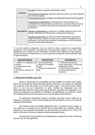 11
                    Sencillas: Remiten a aspectos estructurales simples
      Primarias
                    Combinatorias Simultaneas: diferentes partes de la lámina han sido integradas
                    en un sola área globaL
                    Combinatoria Sucesiva: se realiza una construcción sucesiva de la respuesta.

                    Combinatorias Confabulatorias: Interpretaciones mixtas basadas en la
                    confabulación de diversas partes de la lámina en una misma área de manera
                    rebuscada y con tendencia al pensamiento ilógico(también consideradas
                    patológicas).

     Secundarias Globales Confabulatorias (*): parten por un detalle y elaboran el todo “Pars
                 prototo”, definidas como DG (también consideradas patológicas).

                    Globales Contaminadas: Se realiza una doble interpretación de la lámina.
                    Según Piotrowsky: el sujeto no se da cuanta, resultan ininteligibles para el
                    examinador, y al menos dos conceptos se sobreponen en una misma área
                    (también consideradas patológicas).


(*) Las DG permiten entenderlas como una falta de crítica, presencia de pensamientos
angustiosos, poca objetividad, representación del pensamiento ilógico; en los niños como
inmadurez, en los psicóticos como enfermedad o también como indicador de daño orgánico.
Para M. Aracena en la esquizofrenia y en otros cuadros se presenta de manera diferente, dada
la siguiente relación:

     ESQUIZOFRENIA                    PSICÓPATAS                        ORGÁNICOS
1. Justifica la respuesta de 1. La va descubriendo.             1. Reconoce la respuesta
inmediato.                   2. Alude a un contenido            como inadecuada, y a partir del
2. La respuesta es más       sexual.                            detalle hace el todo.
imprecisa.                   3. El tiempo de reacción es        2. Se da de forma titubeante.
3. El tiempo de reacción es  largo.                             3.Espera apoyo para su
breve.                                                          respuesta


2. Respuestas Detalle usual: (D).

       Según H. Rorschach son los detalles que más resaltan, en cambio para Klopfer
deben ser subdivisiones obvias del área total de la mancha, y que deben ser utilizadas
por cualquier grupo de sujetos con una frecuencia mayor. Y es este el mayor criterio
para su uso, ya que comprende en gran medida las respuestas que son
frecuentemente vistas en ciertas áreas de las láminas, pudiendo ser localizadas en un
mapa de localización que permite en definitiva una delimitación con relación a todas
las verbalizaciones de los protocolos que se han ido dando hasta la fecha.

       Su significado psicológico apunta a concebir esta área usual a partir de lo
práctico, lo inmediato, y obvio. Como inteligencia práctica (Böhm), y como un índice de
adaptación(Piotrowsky).

       Otro detalle usual es el Detalle Oligofrénico (Do). Consiste en que el sujeto ve
una parte de un concepto que la mayoría de los examinados ven completo. Sólo se
pesquisa en las respuestas populares, las más comunes son: lámina III, V, VIII, X. Es
decir en láminas en las que se esperan ciertas respuestas típicas.

        A continuación se presentaran las localizaciones usuales (D), en las 10 láminas
del test, que son las siguientes:
 