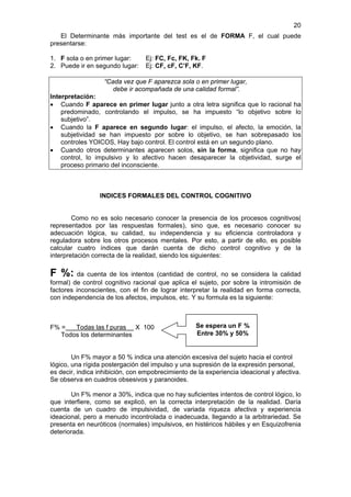 20
   El Determinante más importante del test es el de FORMA F, el cual puede
presentarse:

1. F sola o en primer lugar:     Ej: FC, Fc, FK, Fk. F
2. Puede ir en segundo lugar:    Ej: CF, cF, C’F, KF.

                   “Cada vez que F aparezca sola o en primer lugar,
                      debe ir acompañada de una calidad formal”.
Interpretación:
• Cuando F aparece en primer lugar junto a otra letra significa que lo racional ha
    predominado, controlando el impulso, se ha impuesto “lo objetivo sobre lo
    subjetivo”.
• Cuando la F aparece en segundo lugar: el impulso, el afecto, la emoción, la
    subjetividad se han impuesto por sobre lo objetivo, se han sobrepasado los
    controles YOICOS, Hay bajo control. El control está en un segundo plano.
• Cuando otros determinantes aparecen solos, sin la forma, significa que no hay
    control, lo impulsivo y lo afectivo hacen desaparecer la objetividad, surge el
    proceso primario del inconsciente.



                 INDICES FORMALES DEL CONTROL COGNITIVO


        Como no es solo necesario conocer la presencia de los procesos cognitivos(
representados por las respuestas formales), sino que, es necesario conocer su
adecuación lógica, su calidad, su independencia y su eficiencia controladora y
reguladora sobre los otros procesos mentales. Por esto, a partir de ello, es posible
calcular cuatro índices que darán cuenta de dicho control cognitivo y de la
interpretación correcta de la realidad, siendo los siguientes:

F %:      da cuenta de los intentos (cantidad de control, no se considera la calidad
formal) de control cognitivo racional que aplica el sujeto, por sobre la intromisión de
factores inconscientes, con el fin de lograr interpretar la realidad en forma correcta,
con independencia de los afectos, impulsos, etc. Y su formula es la siguiente:



F% =   Todas las f puras X 100                     Se espera un F %
   Todos los determinantes                         Entre 30% y 50%


        Un F% mayor a 50 % indica una atención excesiva del sujeto hacia el control
lógico, una rígida postergación del impulso y una supresión de la expresión personal,
es decir, indica inhibición, con empobrecimiento de la experiencia ideacional y afectiva.
Se observa en cuadros obsesivos y paranoides.

       Un F% menor a 30%, indica que no hay suficientes intentos de control lógico, lo
que interfiere, como se explicó, en la correcta interpretación de la realidad. Daría
cuenta de un cuadro de impulsividad, de variada riqueza afectiva y experiencia
ideacional, pero a menudo incontrolada o inadecuada, llegando a la arbitrariedad. Se
presenta en neuróticos (normales) impulsivos, en histéricos hábiles y en Esquizofrenia
deteriorada.
 
