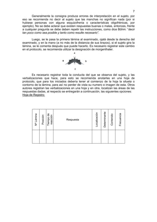 7
       Generalmente la consigna produce errores de interpretación en el sujeto, por
eso se recomienda no decir al sujeto que las manchas no significan nada (por si
hubiese personas con alguna esquizofrenia o características oligofrénicas, por
ejemplo). No se debe aclarar que existen respuestas buenas o malas, entonces, frente
a cualquier pregunta se debe deben repetir las instrucciones, como dice Böhm: “decir
tan poco como sea posible y tanto como resulte necesario”.

        Luego, se le pasa la primera lámina al examinado, ojalá desde la derecha del
examinado, y en la mano (a no más de la distancia de sus brazos), si el sujeto gira la
lámina, se le comenta después que puede hacerlo. Es necesario registrar este cambio
en el protocolo, se recomienda utilizar la designación de morgenthaler.




        Es necesario registrar toda la conducta del que se observa del sujeto, y las
verbalizaciones que hace, para esto se recomienda anotarlas en una hoja de
protocolo, que para los iniciados debería tener al comienzo de la hoja la silueta o
contorno de la lámina, para así no perder de vista su numero e imagen de esta. Otros
autores registran las verbalizaciones en una hoja y en otra, localizan las áreas de las
respuestas dadas, al respecto se entregarán a continuación, las siguientes opciones:
Hoja de Registro:


                                                                       Determinante
                                                        Localización




                                                                                                  Frecuencia
                                Tiempo de
         Nº Lámina




                                                                                      Contenido
                     Posición


                                 reacción




                                            Respuesta
 