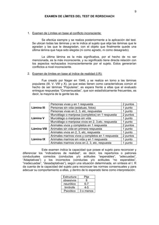 9
                 EXAMEN DE LÍMITES DEL TEST DE RORSCHACH




   1. Examen de Límites en base al conflicto inconsciente:

               Se efectúa siempre y se realiza posteriormente a la aplicación del test.
       Se ubican todas las láminas y se le indica al sujeto que elija las láminas que le
       agradan y las que le desagradan, con el objeto que finalmente quede una
       última lámina que haya sido elegida (ni como agrado, ni como desagrado).

               La última lámina es la más significativa, por el hecho de no ser
       mencionada, es la más inconsciente, y su significado tiene directa relación con
       los aspectos rechazados inconscientemente por el sujeto. Estos generarían
       conflictos a nivel inconsciente.

   2. Examen de límites en base al índice de realidad (I.R):

               Fue creado por Nager en 1946, y se realiza en torno a las láminas
       populares (III, V. VIII y X), ya que estas tienen como características común el
       hecho de ser láminas “Populares”, es espera frente a ellas que el evaluado
       entregue respuestas “Consensuadas”, que son estadísticamente frecuentes, es
       decir, la mayoría de la gente las da.


                     Personas vivas y en 1 respuesta                         2 puntos
      Lámina III     Personas sin vida (estatuas, fotos)                     1 punto
                     Personas vivas en 2, 3, etc, respuestas                 1 punto
                     Murciélago o mariposa (completos) en 1 respuesta        2 puntos
      Lámina V       Murciélago o mariposa sin vida                          1 punto
                     Murciélago o mariposa vivos en 2, 3,etc. respuesta      1 punto
                     Animales vivos y completos en 1 respuesta               2 puntos
      Lámina VIII    Animales sin vida en primera respuesta                  1 punto
                     Animales vivos en 2, 3, etc, respuesta                  1 punto
                     Animales marinos vivos y completos en 1 respuesta       2 puntos
      Lámina IX      Animales marinos sin vida y en 1 respuesta              1 punto
                     Animales marinos vivos en 2, 3, etc, respuesta          1 punto

              Este examen indica la capacidad que posee el sujeto para reconocer y
diferenciar los “indicadores de realidad”, es decir, los repertorios o patrones
conductuales correctos (conductas y/o actitudes “esperables”, “adecuadas”,
“Adaptativas”) y los incorrectos (conductas y/o actitudes “no esperables”,
“inadecuadas”, “desadaptativas”), según una situación determinada, en síntesis el I. R
da cuenta de la capacidad del sujeto para reconocer las normas consensuales y para
adecuar su comportamiento a ellas, y dentro de lo esperado tiene como interpretación:

                              Estructura      Ptje
                              obsesivos         8
                              neurótico        6-7
                               limítrofe       4-5
                              Psicótico    3 o menos
 