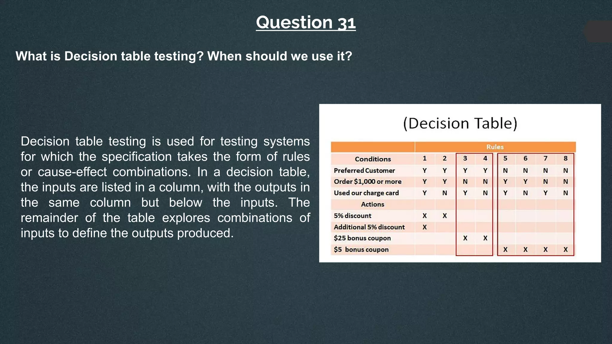 Question 31
What is Decision table testing? When should we use it?
Decision table testing is used for testing systems
for which the specification takes the form of rules
or cause-effect combinations. In a decision table,
the inputs are listed in a column, with the outputs in
the same column but below the inputs. The
remainder of the table explores combinations of
inputs to define the outputs produced.
 