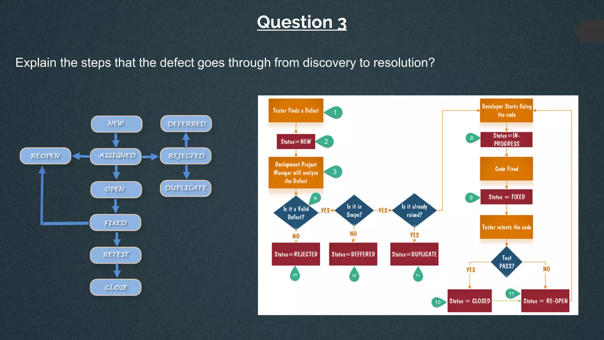 Question 3
Explain the steps that the defect goes through from discovery to resolution?
 