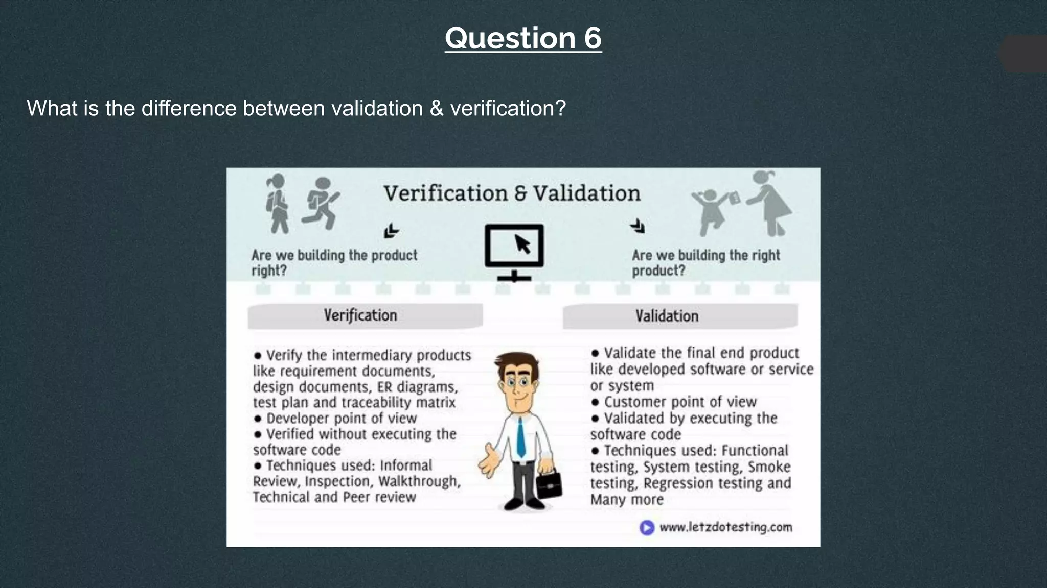 Question 6
What is the difference between validation & verification?
 