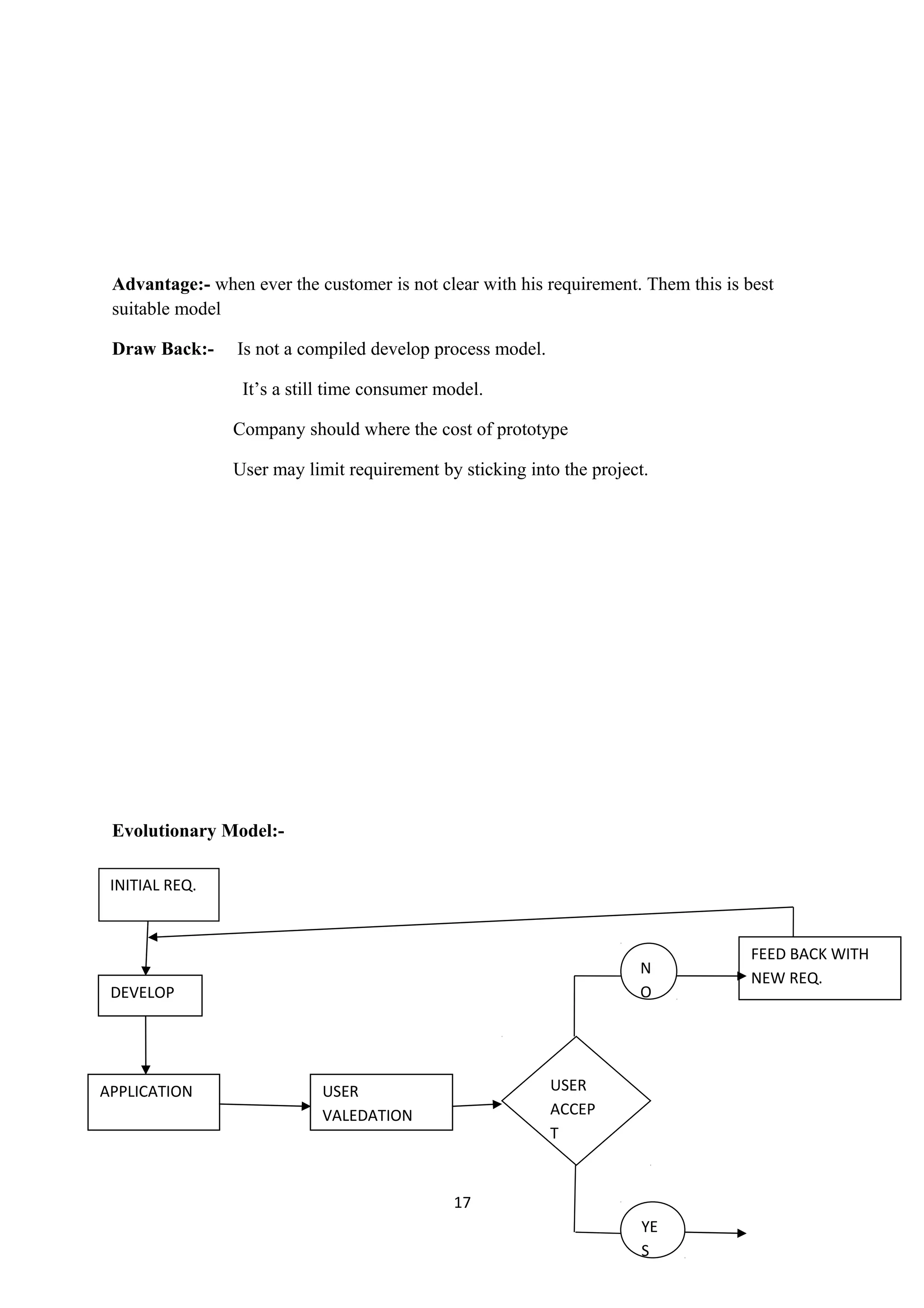 Advantage:- when ever the customer is not clear with his requirement. Them this is best suitable model Draw Back:- Is not a compiled develop process model. It’s a still time consumer model. Company should where the cost of prototype User may limit requirement by sticking into the project. Evolutionary Model:- 17 INITIAL REQ. DEVELOP APPLICATION USER VALEDATION FEED BACK WITH NEW REQ. USER ACCEP T N O YE S 
