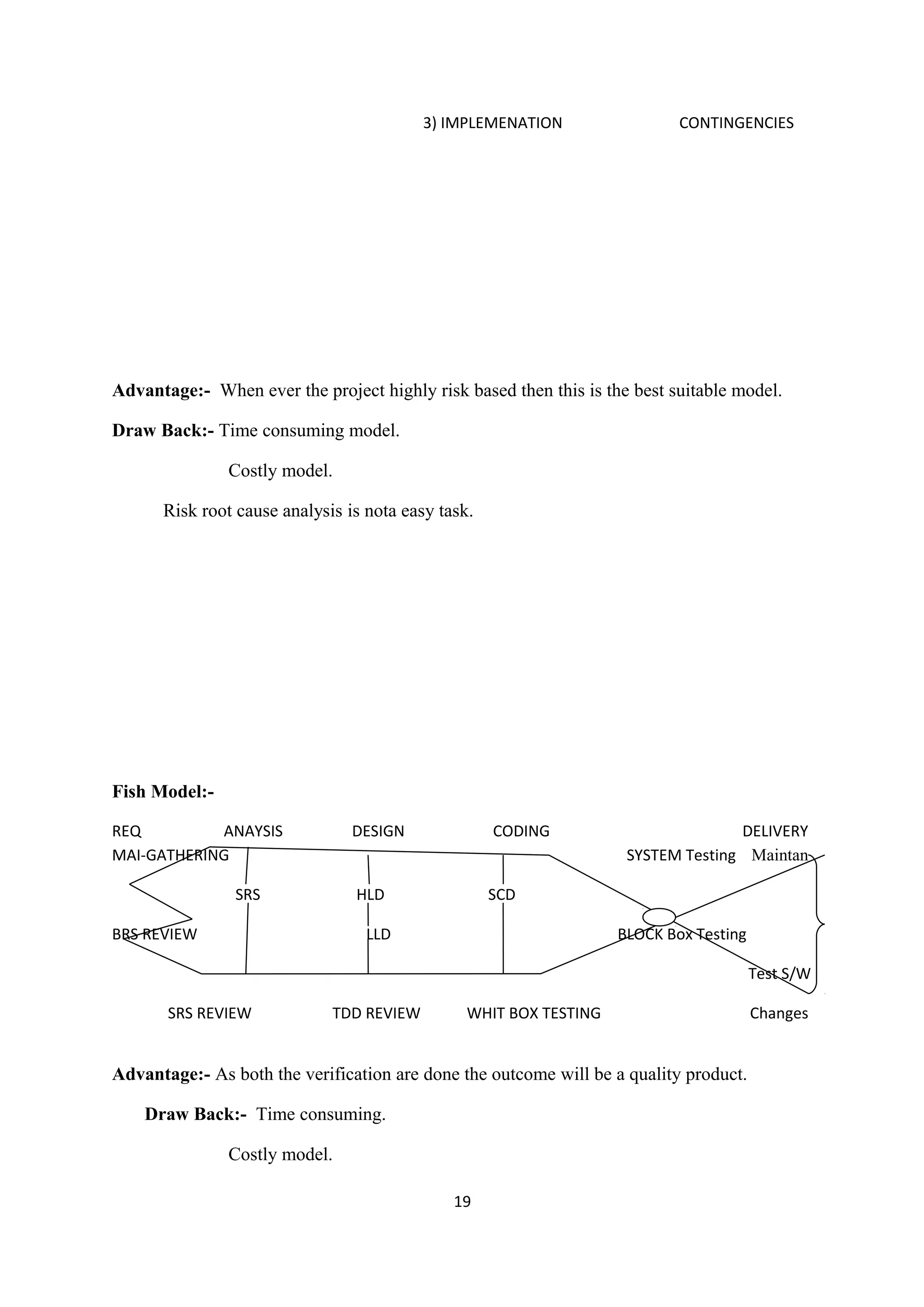 3) IMPLEMENATION CONTINGENCIES Advantage:- When ever the project highly risk based then this is the best suitable model. Draw Back:- Time consuming model. Costly model. Risk root cause analysis is nota easy task. Fish Model:- REQ ANAYSIS DESIGN CODING DELIVERY MAI-GATHERING SYSTEM Testing Maintan SRS HLD SCD BRS REVIEW LLD BLOCK Box Testing Test S/W SRS REVIEW TDD REVIEW WHIT BOX TESTING Changes Advantage:- As both the verification are done the outcome will be a quality product. Draw Back:- Time consuming. Costly model. 19 