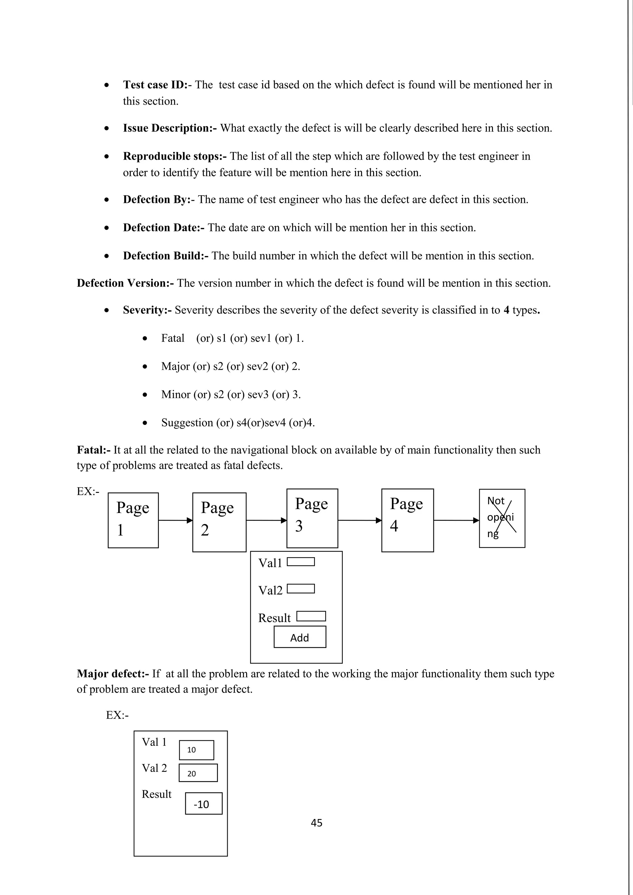 • Test case ID:- The test case id based on the which defect is found will be mentioned her in this section. • Issue Description:- What exactly the defect is will be clearly described here in this section. • Reproducible stops:- The list of all the step which are followed by the test engineer in order to identify the feature will be mention here in this section. • Defection By:- The name of test engineer who has the defect are defect in this section. • Defection Date:- The date are on which will be mention her in this section. • Defection Build:- The build number in which the defect will be mention in this section. Defection Version:- The version number in which the defect is found will be mention in this section. • Severity:- Severity describes the severity of the defect severity is classified in to 4 types. • Fatal (or) s1 (or) sev1 (or) 1. • Major (or) s2 (or) sev2 (or) 2. • Minor (or) s2 (or) sev3 (or) 3. • Suggestion (or) s4(or)sev4 (or)4. Fatal:- It at all the related to the navigational block on available by of main functionality then such type of problems are treated as fatal defects. EX:- Major defect:- If at all the problem are related to the working the major functionality them such type of problem are treated a major defect. EX:- 45 Page 1 Page 2 Page 3 Page 4 Not openi ng Val1 Val2 Result Add Val 1 Val 2 Result 10 20 -10 