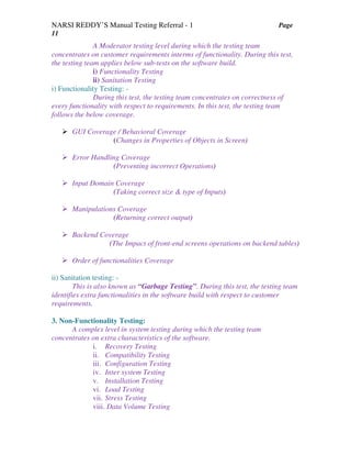 NARSI REDDY’S Manual Testing Referral - 1 Page
11
A Moderator testing level during which the testing team
concentrates on customer requirements interms of functionality. During this test,
the testing team applies below sub-tests on the software build.
i) Functionality Testing
ii) Sanitation Testing
i) Functionality Testing: -
During this test, the testing team concentrates on correctness of
every functionality with respect to requirements. In this test, the testing team
follows the below coverage.
GUI Coverage / Behavioral Coverage
(Changes in Properties of Objects in Screen)
Error Handling Coverage
(Preventing incorrect Operations)
Input Domain Coverage
(Taking correct size & type of Inputs)
Manipulations Coverage
(Returning correct output)
Backend Coverage
(The Impact of front-end screens operations on backend tables)
Order of functionalities Coverage
ii) Sanitation testing: -
This is also known as “Garbage Testing”. During this test, the testing team
identifies extra functionalities in the software build with respect to customer
requirements.
3. Non-Functionality Testing:
A complex level in system testing during which the testing team
concentrates on extra characteristics of the software.
i. Recovery Testing
ii. Compatibility Testing
iii. Configuration Testing
iv. Inter system Testing
v. Installation Testing
vi. Load Testing
vii. Stress Testing
viii. Data Volume Testing
 