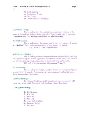 NARSI REDDY’S Manual Testing Referral - 1 Page
17
b) Buddy Testing
c) Exploratory Testing
d) Pair Testing
e) Defect Seeding / Debugging
a) Monkey Testing: -
Due to lack of time, the testing team concentrates on some of the
main activities in the software build for testing. This style of testing is known as
“Monkey testing” or “Chimpanzee testing” or “Gorilla testing”.
b) Buddy Testing: -
Due to lack of time, the management groups programmers & testers
as “Buddies”. Every buddy group consists of programmers & testers.
Eg: 1:1 (or) 2:1 (or) 3:1 (preferable)
c) Exploratory Testing: -
Due to lack of proper documentation of the software being built, the
test engineers depend on past experience, discuss with others, browse the Internet
or Operate similar projects and contact customer side people if possible.
This style of testing is called “Exploratory Testing”.
d) Pair Testing: -
Due to lack of knowledge on project domain the management groups
a senior tester & a Junior Programmers are developed and conducted testing,
these all are called Pair testing.
e) Defect Sending: -
To estimate the efficiency of test engineers, the programmers add
some bugs to the build. This task is called defect seeding / debugging.
Testing Terminology: -
1. Test Strategy
2. Test Plan
3. Test Case
4. Test Log
5. Error, Defect & Bug
6. Summary Report
7. Test Bed
 