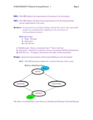 NARSI REDDY’S Manual Testing Referral - 1 Page 2
BRS: - The BRS defines the requirements of customer to be developed.
SRS: - The SRS defines the functional requirements to be developed and the
system requirements to be used.
Reviews: - A document level testing technique during this review, the responsible
people are estimating the completeness & correctness of
corresponding document.
There are 3 ways
i. Walk - through
ii. Inspection
iii. Peer Review
i. Walkthrough - Study a document from 1st
line to last line
ii. Inspection – Search for a specific issue in a document (Without Intimation).
iii. Peer Review – Compare a document with other similar document.
Design: - pictorial representation of the project/Software to be developed.
HLD: - The HLD documents defined the overall architecture of the system.
HLD of a Mail/Chat Client
````
The above overall design is also known as Architectural Design / External Design.
LOGIN
MAILING
LOGOUT
CHATTING
Root
Leaf
 