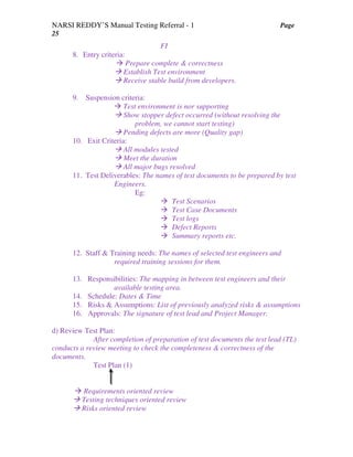 NARSI REDDY’S Manual Testing Referral - 1 Page
25
FI
8. Entry criteria:
Prepare complete & correctness
Establish Test environment
Receive stable build from developers.
9. Suspension criteria:
Test environment is nor supporting
Show stopper defect occurred (without resolving the
problem, we cannot start testing)
Pending defects are more (Quality gap)
10. Exit Criteria:
All modules tested
Meet the duration
All major bugs resolved
11. Test Deliverables: The names of test documents to be prepared by test
Engineers.
Eg:
Test Scenarios
Test Case Documents
Test logs
Defect Reports
Summary reports etc.
12. Staff & Training needs: The names of selected test engineers and
required training sessions for them.
13. Responsibilities: The mapping in between test engineers and their
available testing area.
14. Schedule: Dates & Time
15. Risks & Assumptions: List of previously analyzed risks & assumptions
16. Approvals: The signature of test lead and Project Manager.
d) Review Test Plan:
After completion of preparation of test documents the test lead (TL)
conducts a review meeting to check the completeness & correctness of the
documents.
Test Plan (1)
Requirements oriented review
Testing techniques oriented review
Risks oriented review
 