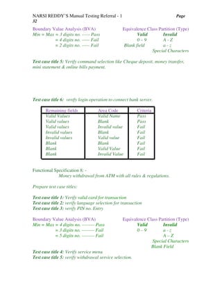 NARSI REDDY’S Manual Testing Referral - 1 Page
32
Boundary Value Analysis (BVA) Equivalence Class Partition (Type)
Min = Max = 3 digits no. ----- Pass Valid Invalid
= 4 digits no. ----- Fail 0 – 9 A - Z
= 2 digits no. ----- Fail Blank field a - z
Special Characters
Test case title 5: Verify command selection like Cheque deposit, money transfer,
mini statement & online bills payment.
Test case title 6: verify login operation to connect bank server.
Remaining fields Area Code Criteria
Valid Values Valid Name Pass
Valid values Blank Pass
Valid values Invalid value Fail
Invalid values Blank Fail
Invalid values Valid value Fail
Blank Blank Fail
Blank Valid Value Fail
Blank Invalid Value Fail
Functional Specification 8: -
Money withdrawal from ATM with all rules & regulations.
Prepare test case titles:
Test case title 1: Verify valid card for transaction
Test case title 2: verify language selection for transaction
Test case title 3: verify PIN no. Entry
Boundary Value Analysis (BVA) Equivalence Class Partition (Type)
Min = Max = 4 digits no. -------- Pass Valid Invalid
= 3 digits no. -------- Fail 0 – 9 a - z
= 5 digits no. -------- Fail A – Z
Special Characters
Blank Field
Test case title 4: Verify service menu
Test case title 5: verify withdrawal service selection.
 