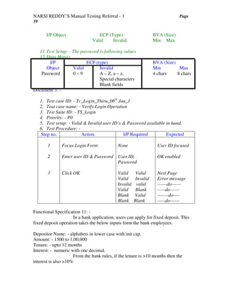 NARSI REDDY’S Manual Testing Referral - 1 Page
39
I/P Object ECP (Type) BVA (Size)
Valid Invalid Min Max
11.Test Setup: - The password is following values
12.Data Matrix
I/P ECP (type) BVA (Size)
Object Valid Invalid Min Max
Password 0 – 9 A – Z, a – z, 4 chars 8 chars
Special characters
Blank fields
Document 3: -
1. Test case ID: - Tc_Login_Thiru_06th
Jan_1
2. Teat case name: - Verify Login Operation
3. Test Suite ID: - TS_Login
4. Priority: - P0
5. Test setup: - Valid & Invalid user ID’s & Password available in hand.
6. Test Procedure: -
Step no. Action I/P Required Expected
1
2
3
Focus Login Form
Enter user ID & Password
Click OK
None
User ID,
Password
Valid Valid
Valid Invalid
Invalid valid
Valid Blank
Blank Valid
Blank Blank
User ID focused
OK enabled
Next Page
Error message
------do------
-----do------
-------do----
-----do------
Functional Specification 11: -
In a bank application, users can apply for fixed deposit. This
fixed deposit operation takes the below inputs form the bank employees.
Depositor Name: - alphabets in lower case with init cap.
Amount: - 1500 to 1,00,000
Tenure: - upto 12 months
Interest: - numeric with one decimal.
From the bank rules, if the tenure is >10 months then the
interest is also >10%
 