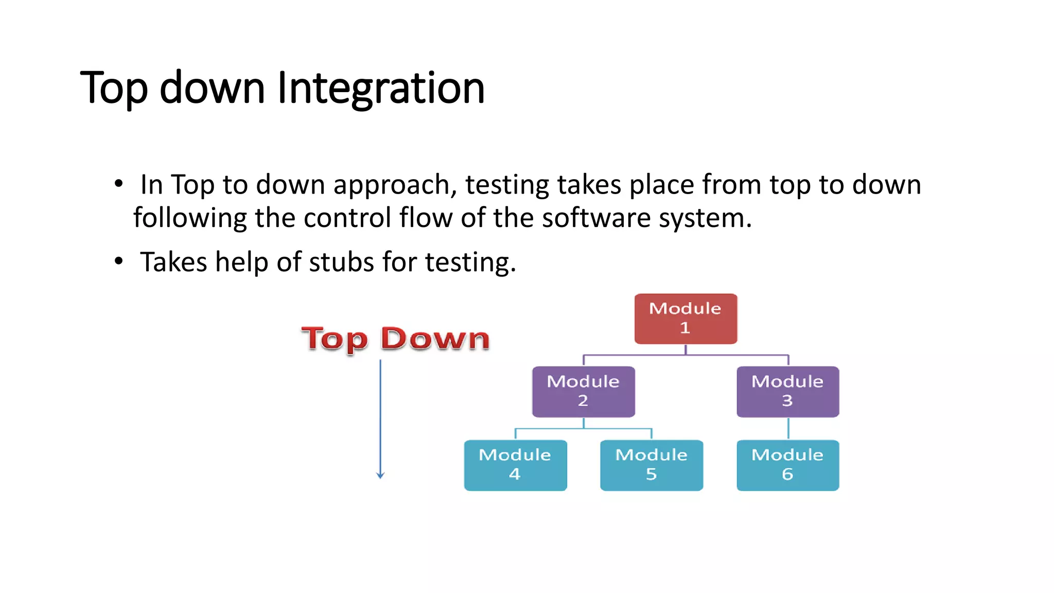 Top down Integration
• In Top to down approach, testing takes place from top to down
following the control flow of the software system.
• Takes help of stubs for testing.
 