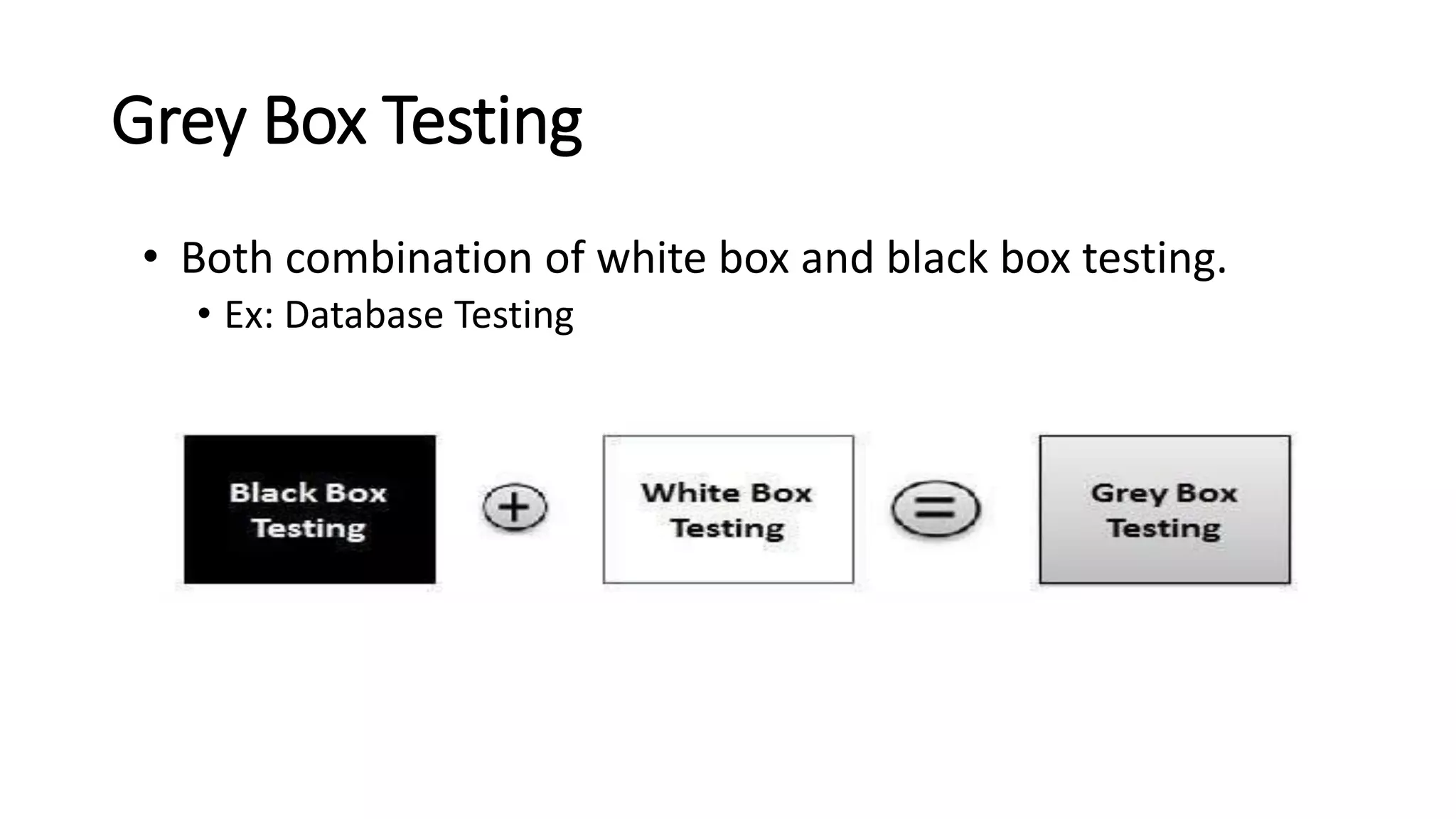 Grey Box Testing
• Both combination of white box and black box testing.
• Ex: Database Testing
 