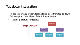 Top down Integration
• In Top to down approach, testing takes place from top to down
following the control flow of the software system.
• Takes help of stubs for testing.
 