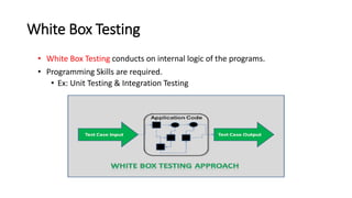 White Box Testing
• White Box Testing conducts on internal logic of the programs.
• Programming Skills are required.
• Ex: Unit Testing & Integration Testing
 