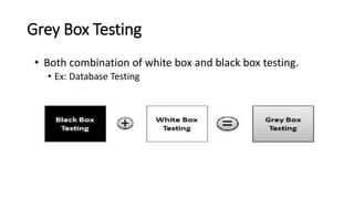 Grey Box Testing
• Both combination of white box and black box testing.
• Ex: Database Testing
 