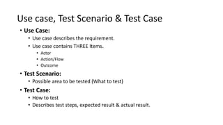 Use case, Test Scenario & Test Case
• Use Case:
• Use case describes the requirement.
• Use case contains THREE Items.
• Actor
• Action/Flow
• Outcome
• Test Scenario:
• Possible area to be tested (What to test)
• Test Case:
• How to test
• Describes test steps, expected result & actual result.
 