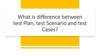 What is difference between
test Plan, test Scenario and test
Cases?
 