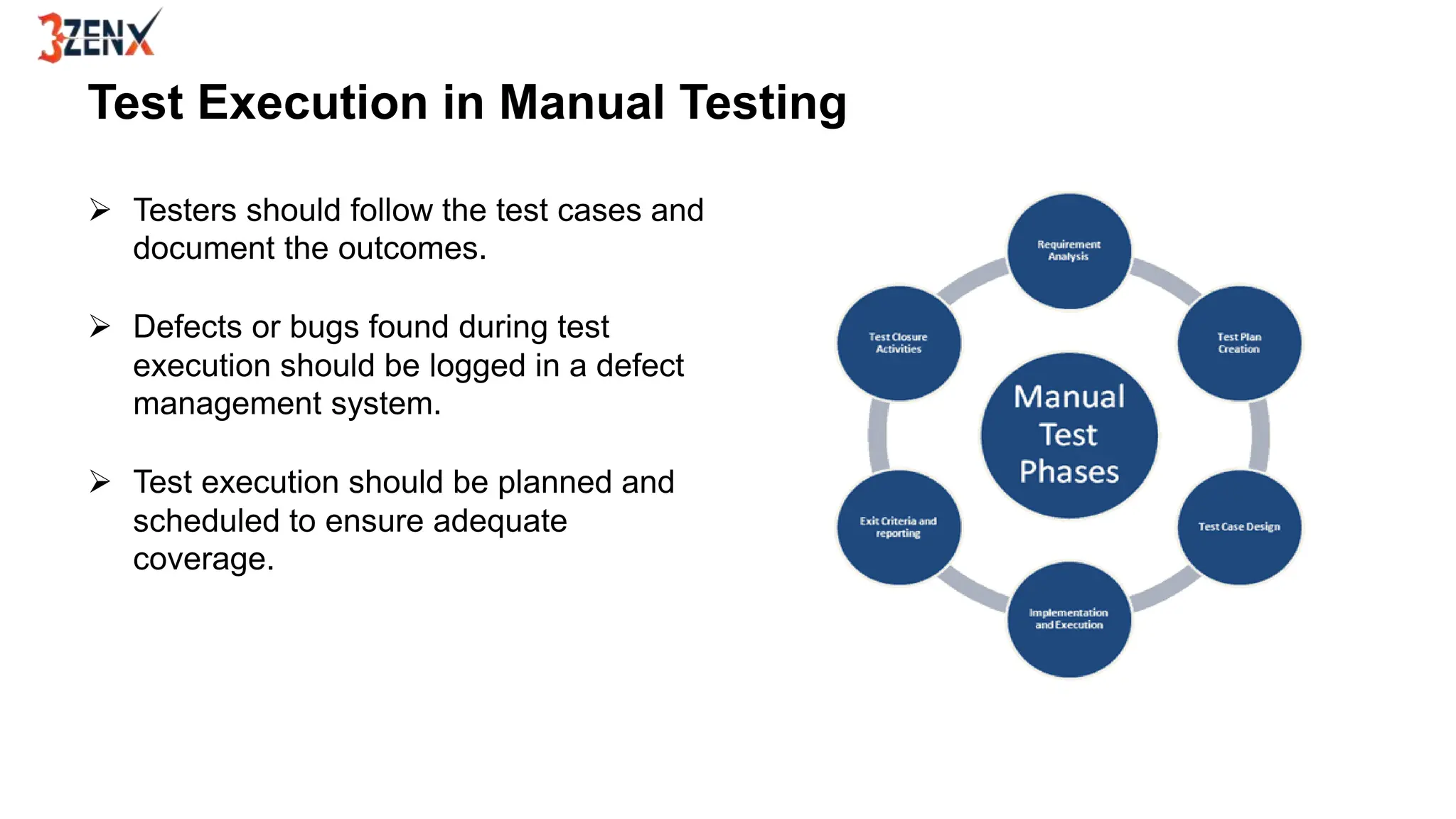 Test Execution in Manual Testing
 Testers should follow the test cases and
document the outcomes.
 Defects or bugs found during test
execution should be logged in a defect
management system.
 Test execution should be planned and
scheduled to ensure adequate
coverage.
 