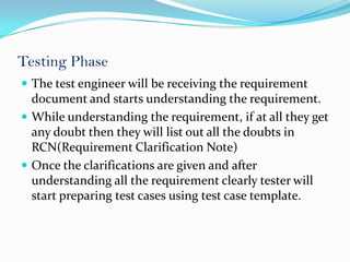 Testing Phase
 The test engineer will be receiving the requirement
  document and starts understanding the requirement.
 While understanding the requirement, if at all they get
  any doubt then they will list out all the doubts in
  RCN(Requirement Clarification Note)
 Once the clarifications are given and after
  understanding all the requirement clearly tester will
  start preparing test cases using test case template.
 