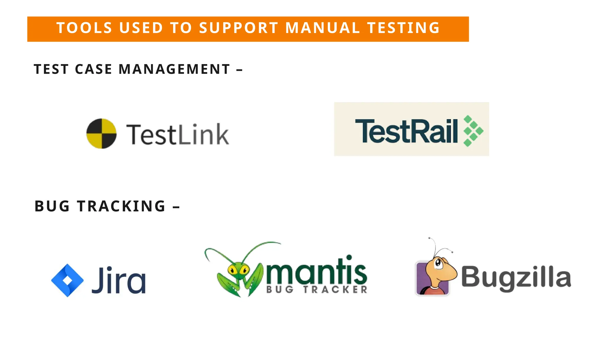 TOOLS USED TO SUPPORT MANUAL TESTING
TEST CASE MANAGEMENT –
BUG TRACKING –
 