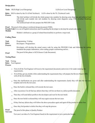 Design phase
Tasks HLD (High Level Designing) LLD (Low Level Designing)
Roles HLD is done by the CA (Chief Architect). LLD is done by the TL (Technical Lead).
Process
The chief architect will divide the whole project into modules by drawing some diagrams and technical lead
will divide each module into sub modules by drawing some diagrams using UML (Unified Modeling
Language).
The technical lead will also prepare the PSEUDO Code.
Proof The proof of this phase is technical design document (TDD).
Pseudo Code It is a set of English instructions used for guiding the developer to develop the actual code easily.
Module
Module is defined as a group of related functionalities to perform a major task.
Coding_Phase
Task
Roles
Process
Proof
Programming / Coding.
Developers / Programmers.
Developers will develop the actual source code by using the PSUEDO Code and following the coding
standards like proper indentation, color-coding, proper commenting and etc...
The proof of this phase is SCD (Source Code Document).
Testing Phase
Task Testing.
Roles Test Engineer.
Process
□ First of all the Test Engineer will receive the requirement documents and review it for under studying the
requirements.
□ If at all they get any doubts while understanding the requirements they will prepare the Review Report (RR)
with all the list of doubts.
□
□
□
□
□
□
□
Proof
Test case
Once the clarifications are given and after understanding the requirements clearly they will take the test case
template and write the test cases.
Once the build is released they will execute the test cases.
After executions if at all find any defects then they will list out them in a defect profile document.
Then they will send defect profile to the developers and wait for the next build.
Once the next build is released they will once again execute the test cases
If they find any defects they will follow the above procedure again and again till the product is defect free.
Once they feel product is defect free they will stop the process.
The proof of this phase is Quality Product.
Test case is an idea of a Test Engineer based on the requirement to test a particular feature.
 