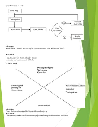 3) Evolutionary Model
Advantages
Whenever the customer is revolving the requirements this is the best suitable model.
Drawbacks
^ Deadlines are not clearly defined ^ Project
monitoring and maintenance is difficult.
4) Spiral Model
Advantages
This is the best-suited model for highly risk-based projects.
Drawbacks
Time consumed model, costly model and project monitoring and maintenance is difficult.
 