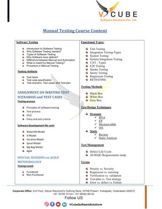 Manual Testing Course Content
Software Testing
Introduction to Software Testing
Why Software Testing needed?
Types of Software Testing
Why Software have defects?
Difference between Manual and Automation
What is meant by Manual Testing?
Procedure in Manual Testing
Testing Artifacts
Test basis
Test case specification
Test scenario, Test cases and Test plan
ASSIGNMENT ON WRITING TEST
SCENARIOS and TEST CASES
Testing process
Principles of software testing
Test process
STLC
Entry and exit criteria
Software Development life cycle
Waterfall Model
V-Model
Iterative Model
Spiral Model
Big-Bag Model
Agile
SPECIAL SESSIONS on AGILE
METHODOLOGY
Testing Levels
Functional
Non-Functional
Functional Types:
Unit Testing
Integration Testing-Types
System Testing
System Integration Testing
UAT - Types
E2E Testing
Smoke Testing
Sanity Testing
Regression Testing
RETESTING
Testing Methods
Black Box
White Box
Gray Box
Test Design Techniques
Dynamic
 BVA
 EP
 Decision table
 OA
Static
 Review
 Static Analysis
Test Management
Defect Life Cycle
ALM/QC/Requirements study
Versus
Priority vs. Severity
Regression vs. retesting
Verification vs. validation
Test plan vs. Test strategy
Error vs. defect vs. Failure
 
