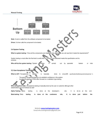 Manual Testing
Stub: A stub is called from the software component to be tested.
Driver: A driver calls the component to be tested.
5.4 System Testing
What is system testing: “Once all the components are integrated, the application as a wh see that it meets the requirements?”
System testing is most often the final test to verify that the system to be delivered meets the specification and its
purpose.
Who will do the system testing: “System testing is carried out by specialist testers or inde
5.5 User Acceptance Testing (UAT)
What is UAT: “Acceptance testing is basically done to ensurefth specificationthattherequirementsaremet. ”o
- The goal of acceptance testing is to establish confidence in the system.
- Acceptance testing is most often focused on a validation type testing.
Who will perform UAT: “Acceptance testing is basically done by the user or customer although other
stakeholders may be involved as well.”
Alpha Testing: “Alpha testing is done at the developer‟s site. It is do ne at the end
Beta testing: “Beta testing is done at the customers site. It is done just before the
Website:www.testingmasters.com
Email:info.testingmasters@gmail.com
Page # 14
 
