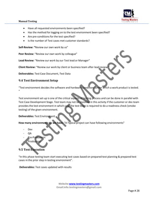 Manual Testing
 Have all requested environments been specified?

 Has the method for logging on to the test environment been specified?

 Are pre-conditions for the test specified?

 Is the number of Test cases met customer standards?
Self-Review: “Review our own work by us”
Peer Review: “Review our own work by colleague”
Lead Review: “Review our work by our Test lead or Manager”
Client Review: “Review our work by client or business team after lead review.”
Deliverables: Test Case Document, Test Data
9.4 Test Environment Setup
“Test environment decides the software and hardware conditions under which a work product is tested.
“
Test environment set-up is one of the critical aspects of testing process and can be done in parallel with
Test Case Development Stage. Test team may not be involved in this activity if the customer or dev team
provides the test environment in which case the test team is required to do a readiness check (smoke
testing) of the given environment.
Deliverables: Test Environment
How many environments do we have: “A Typical project can have following environments”
- Dev
- QA
- Pre-Production
- Production
9.5 Test Execution
“In this phase testing team start executing test cases based on prepared test planning & prepared test
cases in the prior step in testing environment”.
Deliverables: Test cases updated with results
Website:www.testingmasters.com
Email:info.testingmasters@gmail.com
Page # 28
 