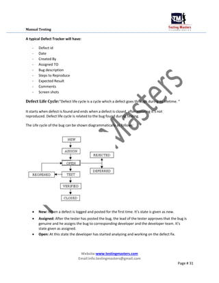 Manual Testing
A typical Defect Tracker will have:
- Defect id
- Date
- Created By
- Assigned TO
- Bug description
- Steps to Reproduce
- Expected Result
- Comments
- Screen shots
Defect Life Cycle:“Defect life cycle is a cycle which a defect goes through during its lifetime. “
It starts when defect is found and ends when a defect is closed, after ensuring it’s not
reproduced. Defect life cycle is related to the bug found during testing.
The Life cycle of the bug can be shown diagrammatically as follows:
 New: When a defect is logged and posted for the first time. It’s state is given as new.

 Assigned: After the tester has posted the bug, the lead of the tester approves that the bug is
genuine and he assigns the bug to corresponding developer and the developer team. It’s
state given as assigned.

 Open: At this state the developer has started analyzing and working on the defect fix.
Website:www.testingmasters.com
Email:info.testingmasters@gmail.com
Page # 31
 