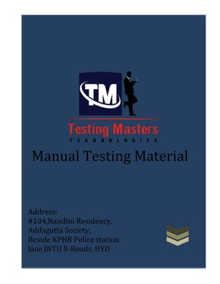 Manual Testing Material
Address:
#104,Nandini Residency,
Addagutta Society,
Beside KPHB Police station
lane JNTU X-Roads, HYD
 