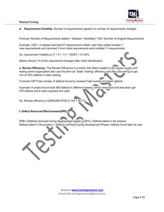 Manual Testing
d. Requirement Volatility: Number of requirements agreed v/s number of requirements changed.
Formula: Numbe...