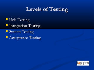 Levels of TestingLevels of Testing
 Unit TestingUnit Testing
 Integration TestingIntegration Testing
 System TestingSystem Testing
 Acceptance TestingAcceptance Testing
 